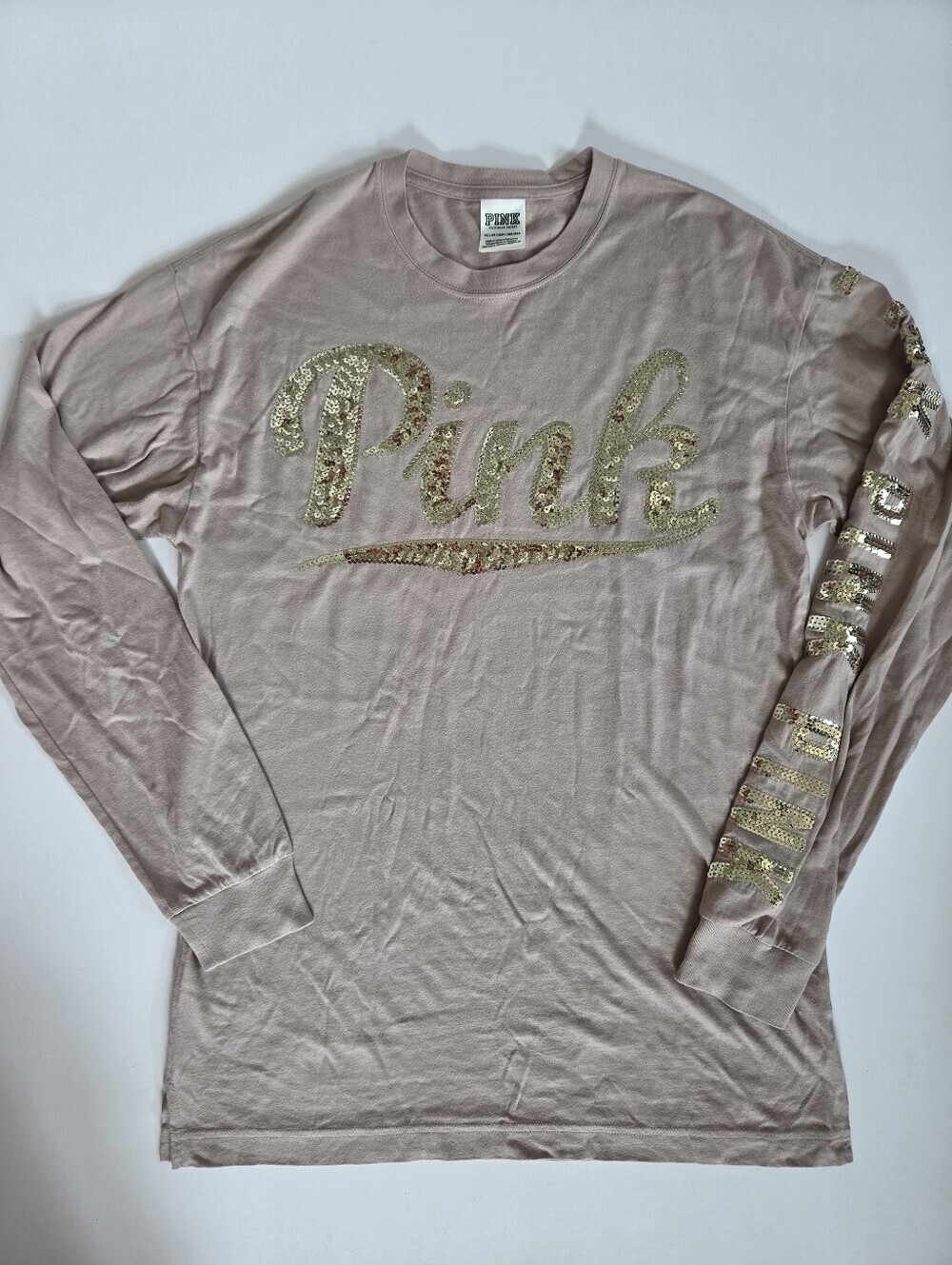 Victoria Secret beige nude long sleeve/pajama PINK gold sequins oversized XS-M